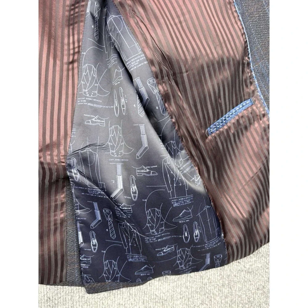 Johnston & Murphy Sport Coat Mens L Gray Blue Plaid 100% Wool Blazer Jacket